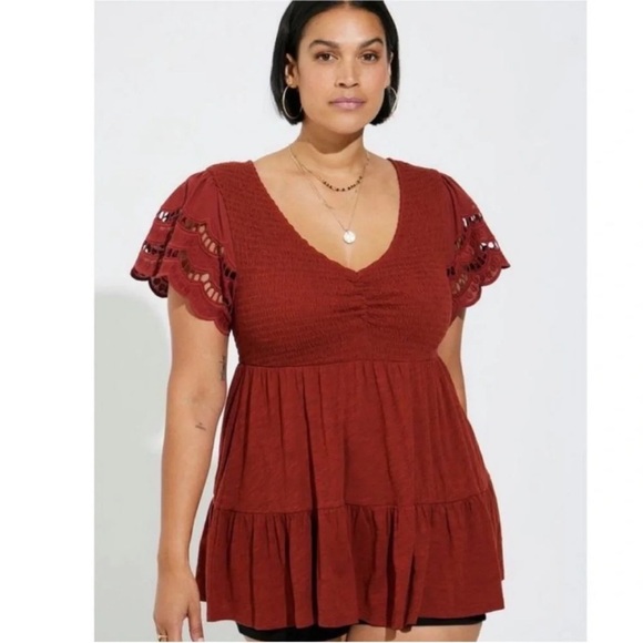 Size 0X Torrid Gauze Eyelit Burnt Orange Shirt - Picture 3 of 7